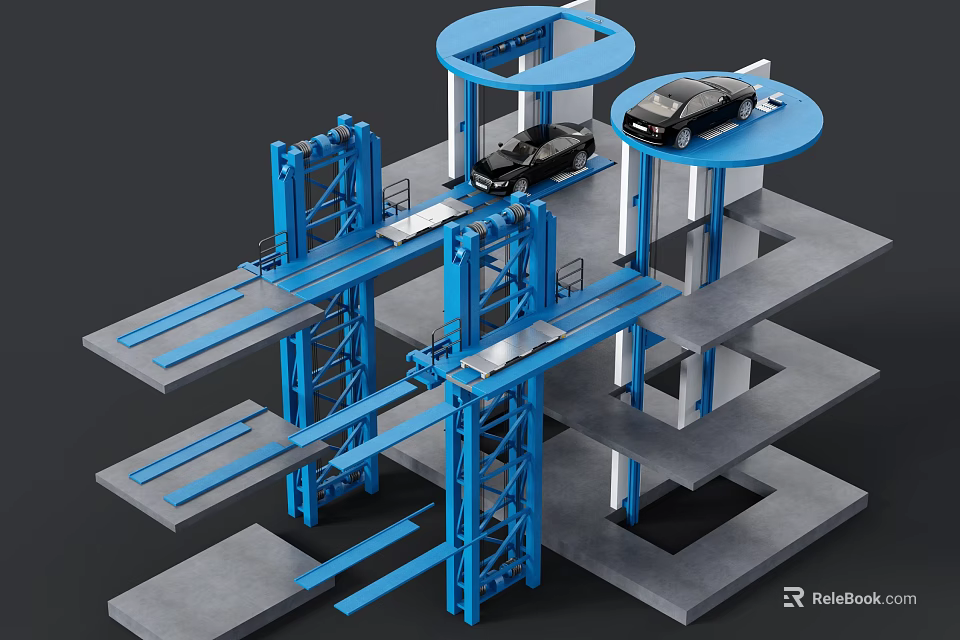Multi Level Mechanical Parking Industrial Equipment with Blue Steel Structure and Car Storage Platforms 3d model 