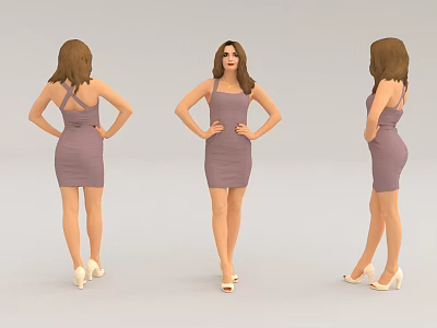 Woman In Purple Fitted Dress And High Heels Displayed From Three Angles 3d model