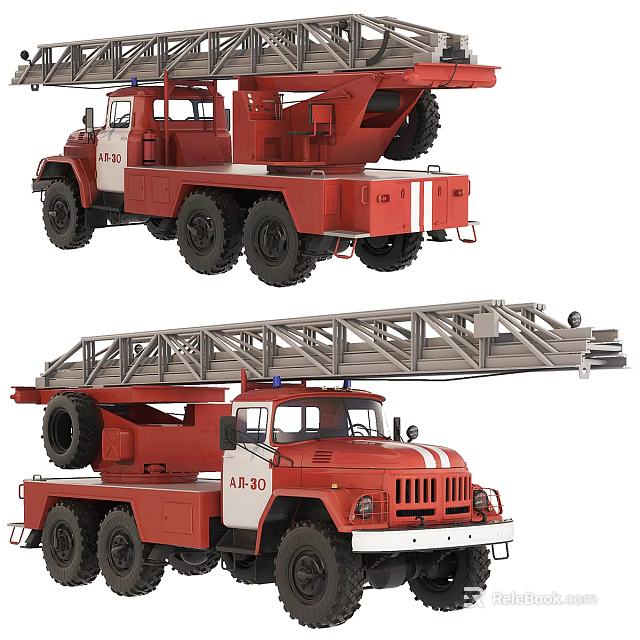 Red Vintage Fire Truck With Extended Rescue Ladder And Classic Design 3d model 