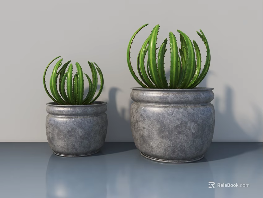 Two Bonsai Potted Plants With Green Long Leaves In Gray Ceramic Pots 3d model 