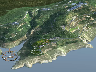 Aerial View of Garden Landscape with Winding Roads Lush Greenery and Waterfront in Mountainous Area 3d model