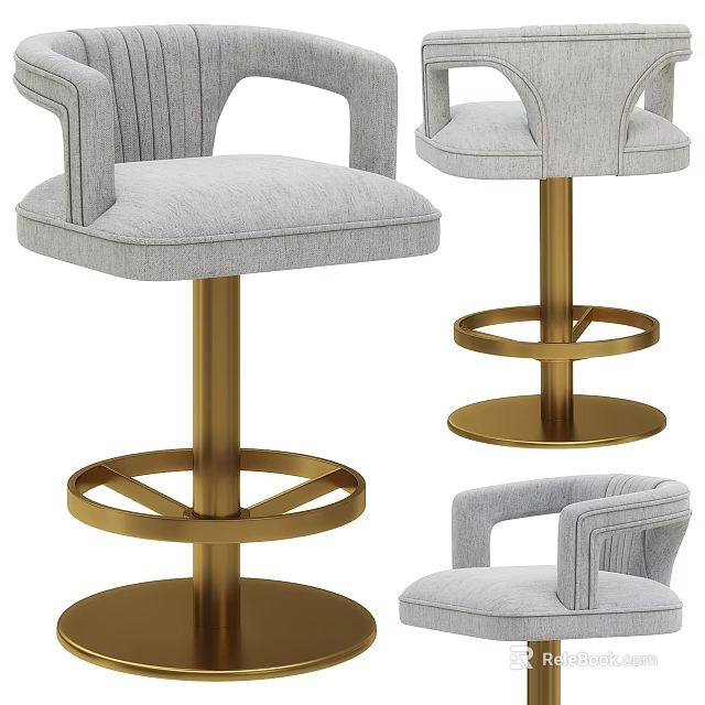 Modern Bar Stools With Gray Fabric Upholstery And Gold Metal Armrests Round Base 3d model 