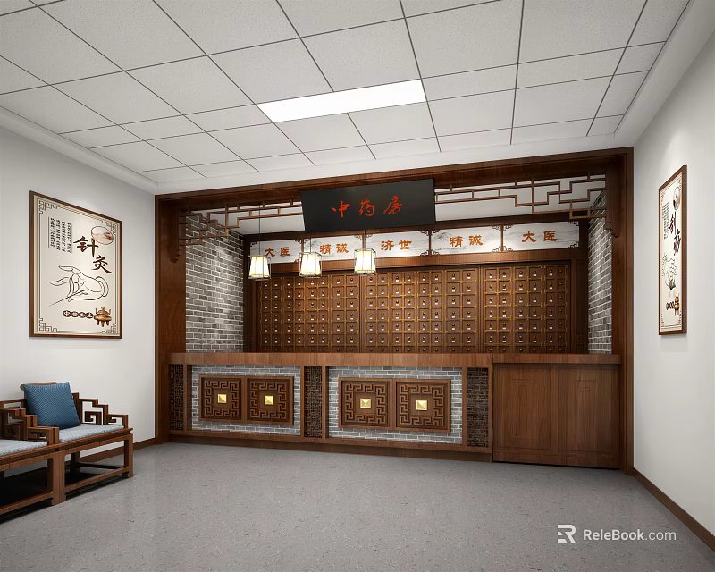 Traditional Chinese Medicine Store Interior With Wooden Cabinets Signboard And Decorative Paintings 3d model 