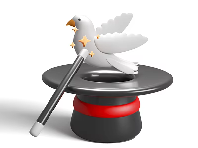 White Dove Emerging From Black Magic Hat With Red Band Beside Star Decorated Magic Wand 3d model