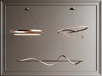 Modern Circular And Wavy Shaped Chandeliers With Metallic Finish In Interior 3d model