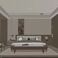 Modern Chinese Bedroom Interior With Wooden Bed Nightstands Table Lamps And Wall Painting