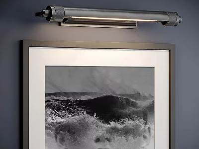 Stylish Modern Wall Sconce Above Framed Black And White Ocean Wave Artwork 3d model