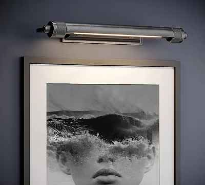Stylish Modern Wall Sconce Above Framed Black And White Ocean Wave Artwork 3d model