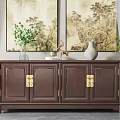 Elegant Dark Brown Console Cabinet With Gold Hardware Green Plants Deer Figurine And Paintings