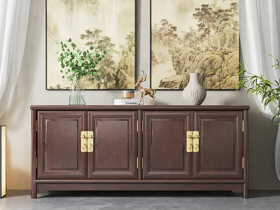 Elegant Dark Brown Console Cabinet With Gold Hardware Green Plants Deer Figurine And Paintings 3d model