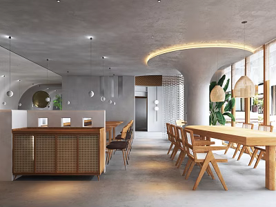 Modern Restaurant Interior With Open Layout Wooden Tables Green Plants And Pendant Lights 3d model