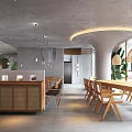 Modern Restaurant Interior With Open Layout Wooden Tables Green Plants And Pendant Lights