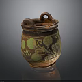 Hand Carved Clay Sculpture Pot With Two Handles And Colorful Patterns