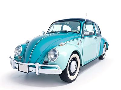 Vintage Volkswagen Beetle Car With Light Blue Body White Wheels And Black Roof 3d model
