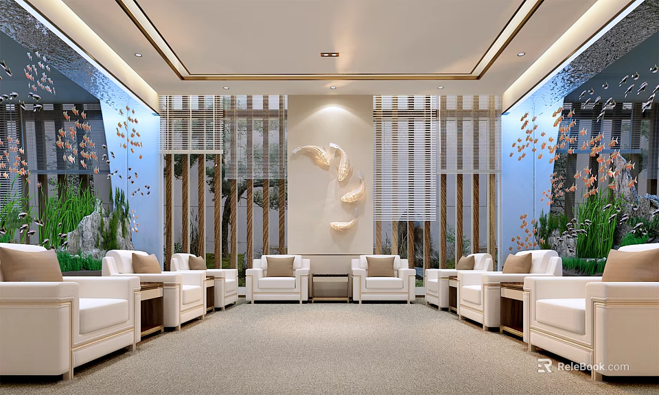 Hotel Public Lounge Interior With White Sofas Wooden Screens Decorative Leaf Sculpture And Lighting Design 3d model 