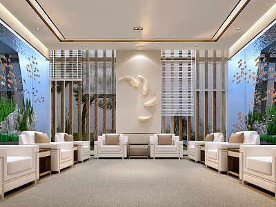 Hotel Public Lounge Interior With White Sofas Wooden Screens Decorative Leaf Sculpture And Lighting Design 3d model