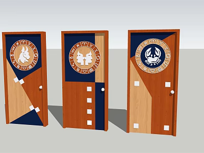 Stylish Swing Doors with Brown Blue Panels Decorative Badges and Geometric Patterns 3d model