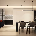Modern Dining Living Room Interior With Dining Table Chairs Pendant Lights And Wall Design