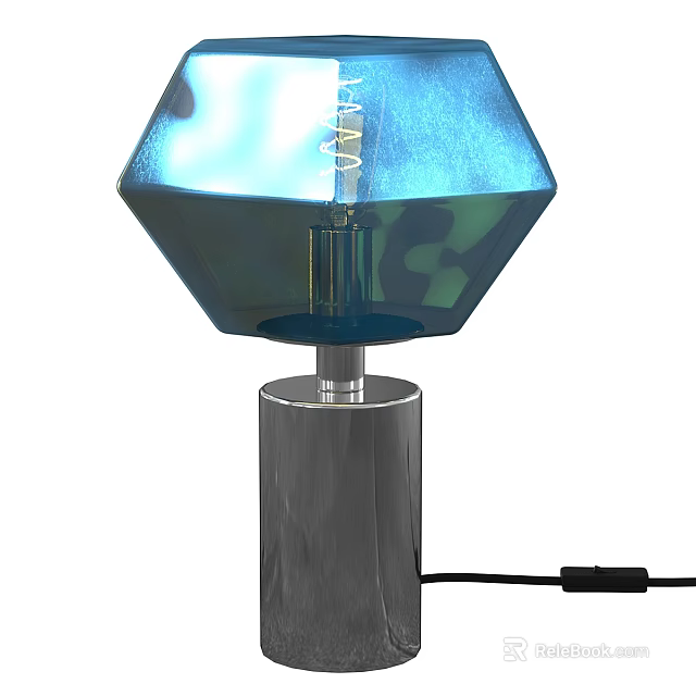 Modern Table Lamp with Blue Polyhedral Lampshade and Silver Metal Base 3d model 