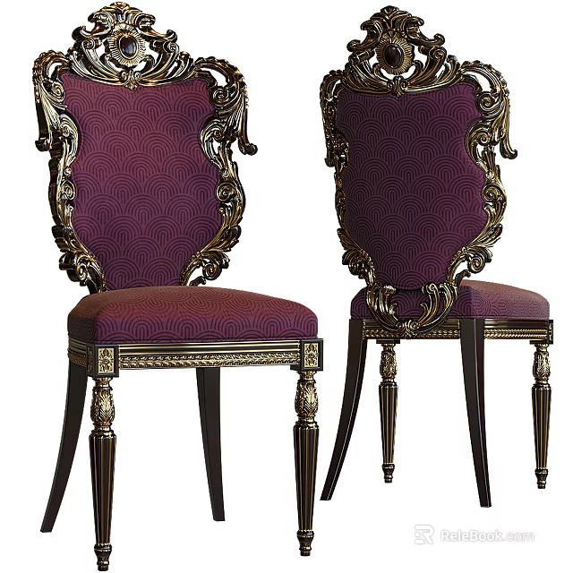 Luxurious Ornate Dining Chairs With Purple Upholstery And Gold Carved Frame Design 3d model 