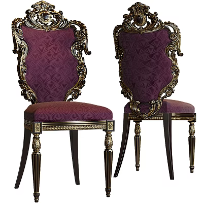 Luxurious Ornate Dining Chairs With Purple Upholstery And Gold Carved Frame Design 3d model