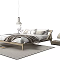 Minimalist Double Bed With Wooden Frame Pillows Blanket And Side Table On Rug