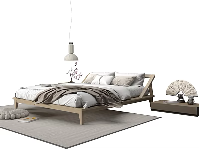 Minimalist Double Bed With Wooden Frame Pillows Blanket And Side Table On Rug 3d model