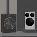 Modern Designer Black and White Front Load Washing Machines on Display Stand