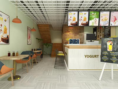 Modern Bubble Tea Shop Interior Design With Menu Board Poster Displays And Cozy Seating 3d model
