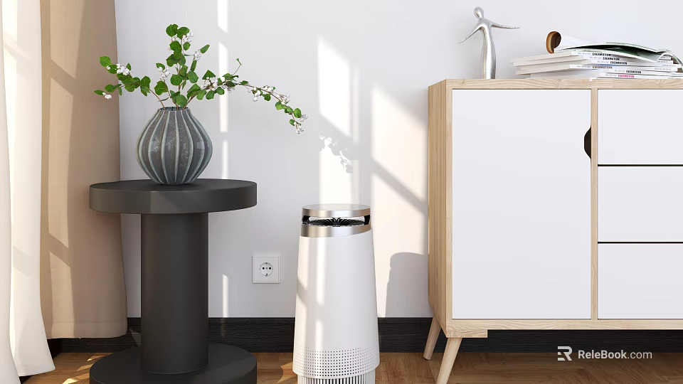 White Air Purifier In Interior Room With Round Table Green Plant Vase And Wooden Cabinet 3d model 