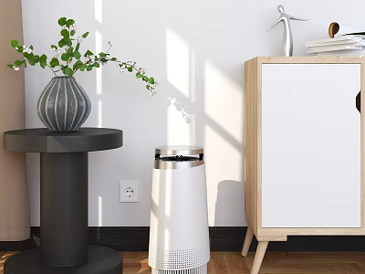 White Air Purifier In Interior Room With Round Table Green Plant Vase And Wooden Cabinet 3d model