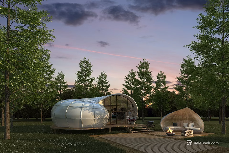 Unique Dome Shaped Glamping Guesthouse With Lush Trees Sunset View And Wooden Deck Fire Pit 3d model 