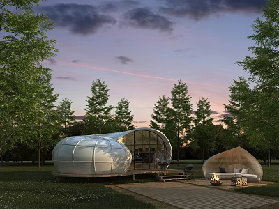 Unique Dome Shaped Glamping Guesthouse With Lush Trees Sunset View And Wooden Deck Fire Pit 3d model