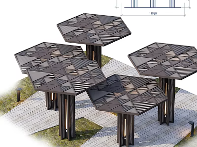 Commercial Street Modern Landscape Design Featuring Hexagonal Lattice Pavilions On Pedestrian Walkway 3d model