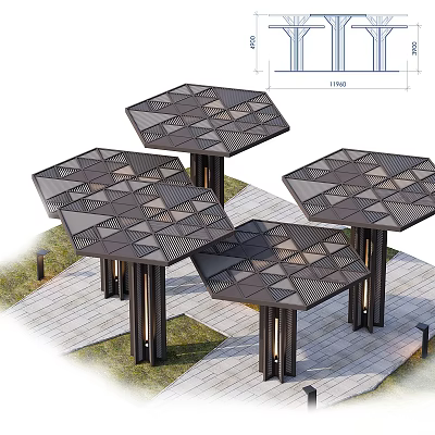 Commercial Street Modern Landscape Design Featuring Hexagonal Lattice Pavilions On Pedestrian Walkway 3d model