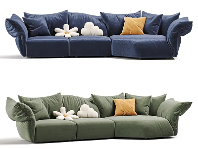 Navy Blue and Green Velvet Curved Three-Seater Sofa with Flower Cloud Pillows and Orange Cushions 3d model