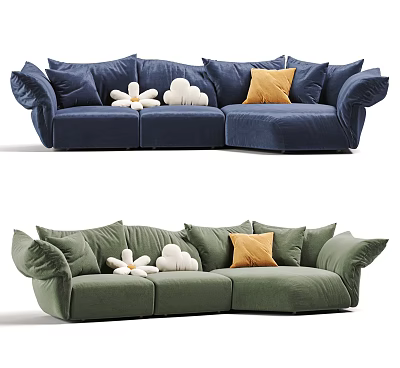 Navy Blue and Green Velvet Curved Three-Seater Sofa with Flower Cloud Pillows and Orange Cushions 3d model