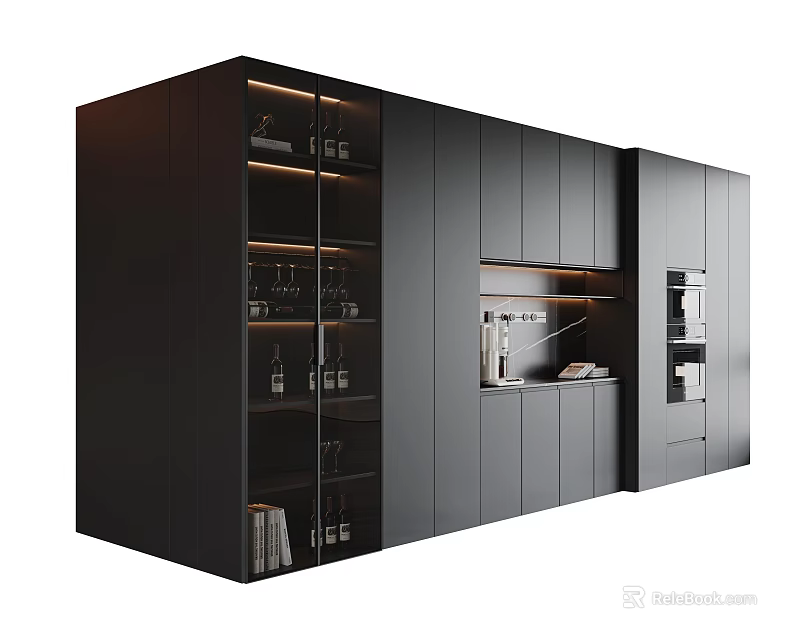 Modern Black Sideboard With Glass Doors Display Shelves And Storage Cabinets 3d model 