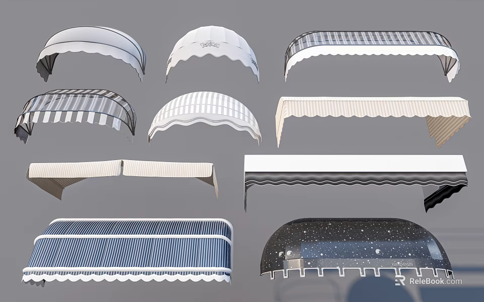 Various Stylish Awnings With Curved Striped And Patterned Designs For Outdoor Use 3d model 