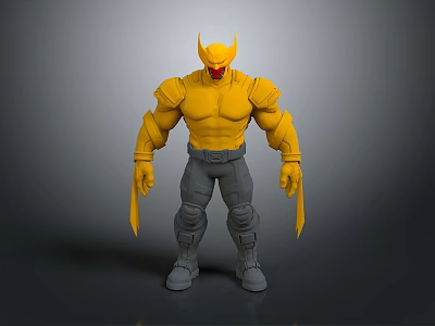 Muscular Yellow Superhero Figure With Red Head Gray Pants And Claws 3d model
