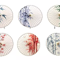 Ornamental Decor Set Featuring Six Oil Paper Umbrellas with Various Floral Bamboo Patterns