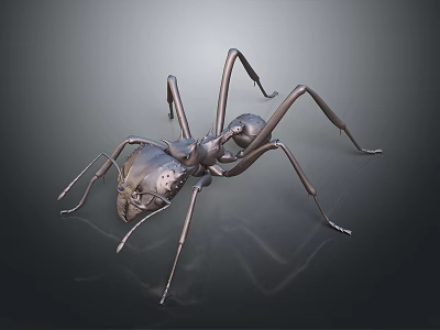 Detailed Metallic Ant 3D Model With Shiny Surface And Long Legs On Dark Background 3d model
