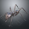 Detailed Metallic Ant 3D Model With Shiny Surface And Long Legs On Dark Background