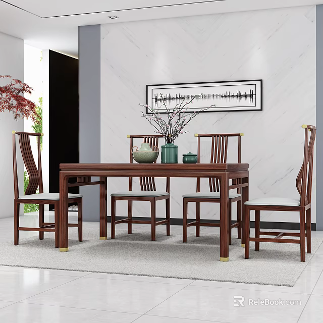 Chinese Style Wooden Dining Table Set With Four Chairs Decorative Painting and Potted Plant 3d model 