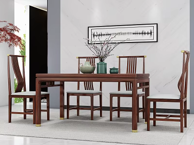 Chinese Style Wooden Dining Table Set With Four Chairs Decorative Painting and Potted Plant 3d model