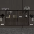 Elegant Modern Sideboard With Slatted Doors Lion Sculpture Black Vases Books Wooden Wall
