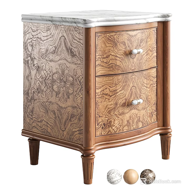 Elegant Retro Burl Wood Nightstand With Two Spacious Storage Drawers And White Ceramic Knobs 3d model 