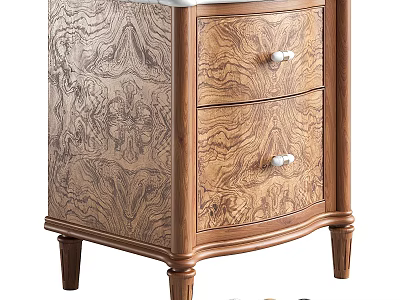 Elegant Retro Burl Wood Nightstand With Two Spacious Storage Drawers And White Ceramic Knobs 3d model