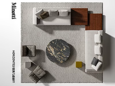 Modern Sofa and Coffee Table Set with Marble Top on Herringbone Rug and Decorative Pillows 3d model