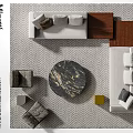 Modern Sofa and Coffee Table Set with Marble Top on Herringbone Rug and Decorative Pillows